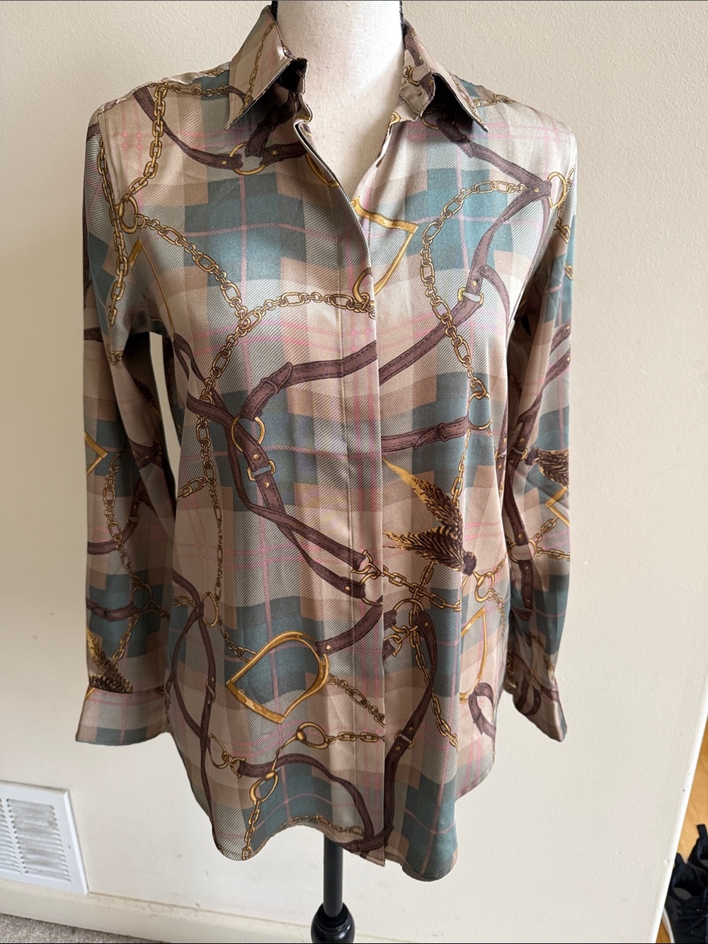 Lauren Ralph Lauren Plaid & Chain-Print Long Sleeve Blouse - Taupe, Blue, Gold